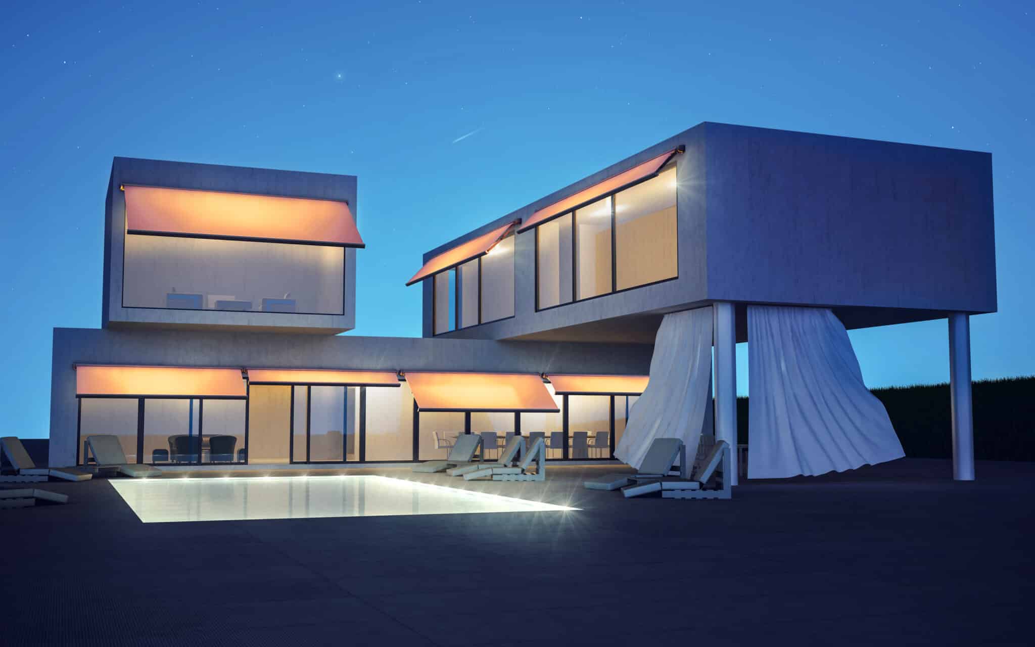 Modern villa with water pool night view; Shutterstock ID 150150734; PO: 0000