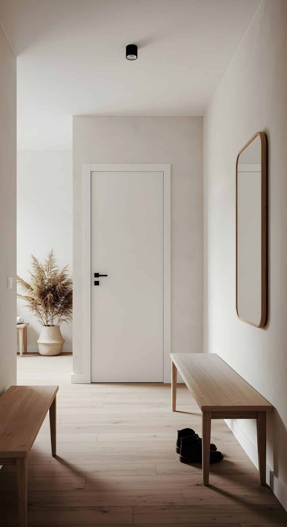 minimalist-hallway-interior-with-wooden-bench-mirror